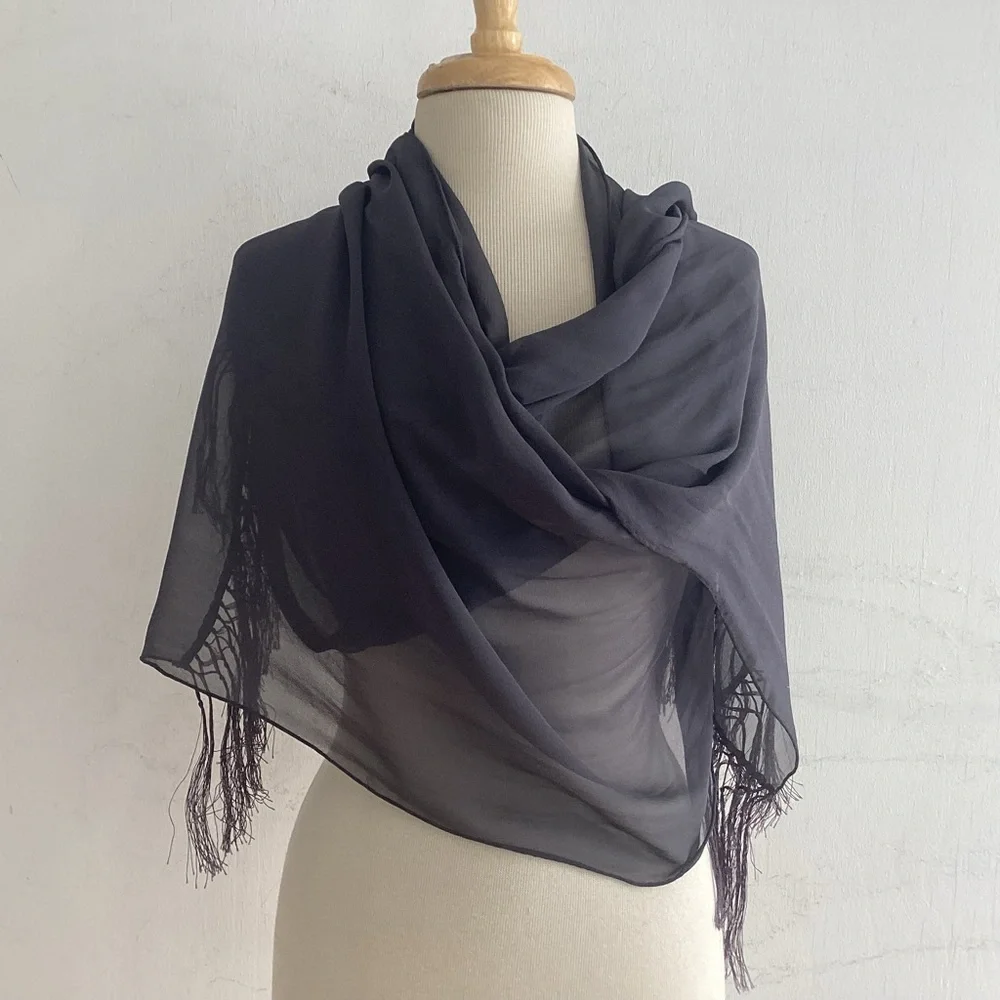 Echo Sheer Gray Silk Scarf with Knotted Fringe